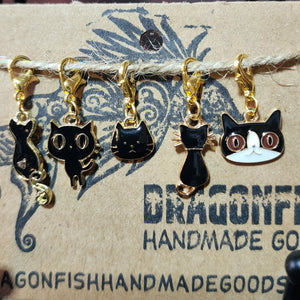 Enameled Black Cats Stitch Markers - set of 5