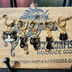 Enameled Black Cats Stitch Markers - set of 5