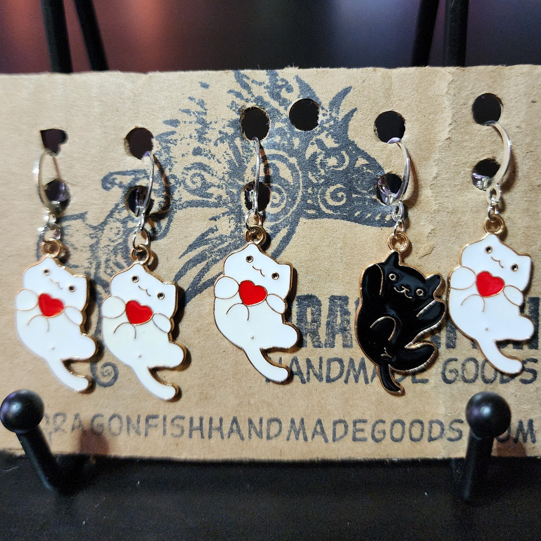 Enameled White Kittens + One Black w/hearts Stitch Markers - set of 5