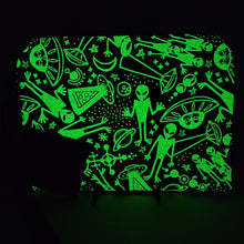 Load image into Gallery viewer, Freehand Machine Embroidered Black Dress Pants + GITD Aliens Upcycled 10.5x8 Clutch bag - hand-dyed
