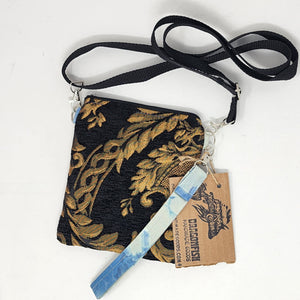 Remnant Black and Gold Brocade Crossbody 3-way 6x7 Upcycled Cell Phone Bag - hand-dyed