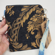 Load image into Gallery viewer, Remnant Black and Gold Brocade Crossbody 3-way 6x7 Upcycled Cell Phone Bag - hand-dyed
