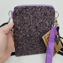 Load image into Gallery viewer, Remnant Black and Purple Brocade Crossbody 3-way 6x7 Upcycled Cell Phone Bag - hand-dyed
