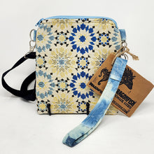 Load image into Gallery viewer, Remnant Blue Gold &amp; White Brocade Crossbody 3-way 6x7 Upcycled Cell Phone Bag - hand-dyed
