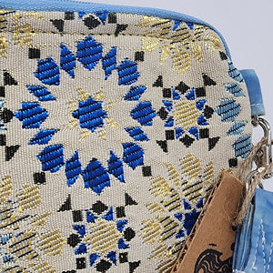 Remnant Blue Gold & White Brocade Crossbody 3-way 6x7 Upcycled Cell Phone Bag - hand-dyed