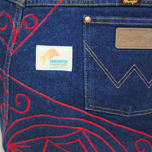 Load image into Gallery viewer, Freehand Machine Embroidered Wrangler Jeans + Red Bandana Drapes Upcycled Tote Bag
