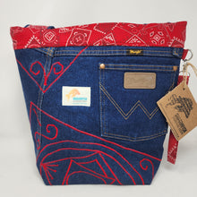 Load image into Gallery viewer, Freehand Machine Embroidered Wrangler Jeans + Red Bandana Drapes Upcycled Tote Bag
