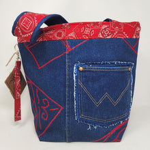 Load image into Gallery viewer, Freehand Machine Embroidered Wrangler Jeans + Red Bandana Drapes Upcycled Tote Bag
