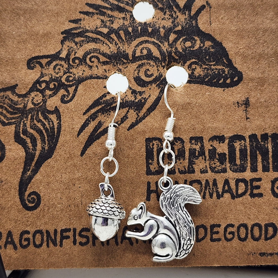 Silvertone Squirrel & Acorn Earrings