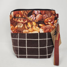 Load image into Gallery viewer, Freehand Machine Embroidered Vintage Chocolate Brown Velvet Remnant + Baked Goods Fabric 8x9 Project Bag
