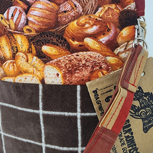 Freehand Machine Embroidered Vintage Chocolate Brown Velvet Remnant + Baked Goods Fabric 8x9 Project Bag