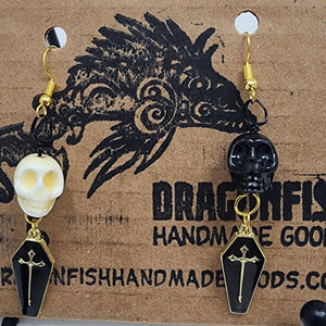 Upcycled from Thrift Store Jewelry - Skulls & Coffins Earrings - gold trim