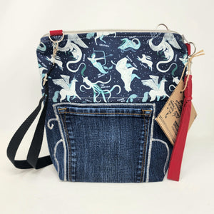 Freehand Machine Embroidered Denim Jeans + Star Constellations 10x11 Upycled Project Bag with strap