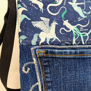 Freehand Machine Embroidered Denim Jeans + Star Constellations 10x11 Upycled Project Bag with strap