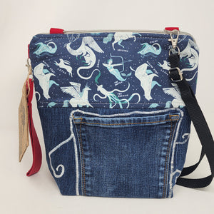 Freehand Machine Embroidered Denim Jeans + Star Constellations 10x11 Upycled Project Bag with strap