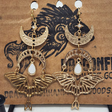Load image into Gallery viewer, Moons &amp; Moth Goldtone dangle Earrings
