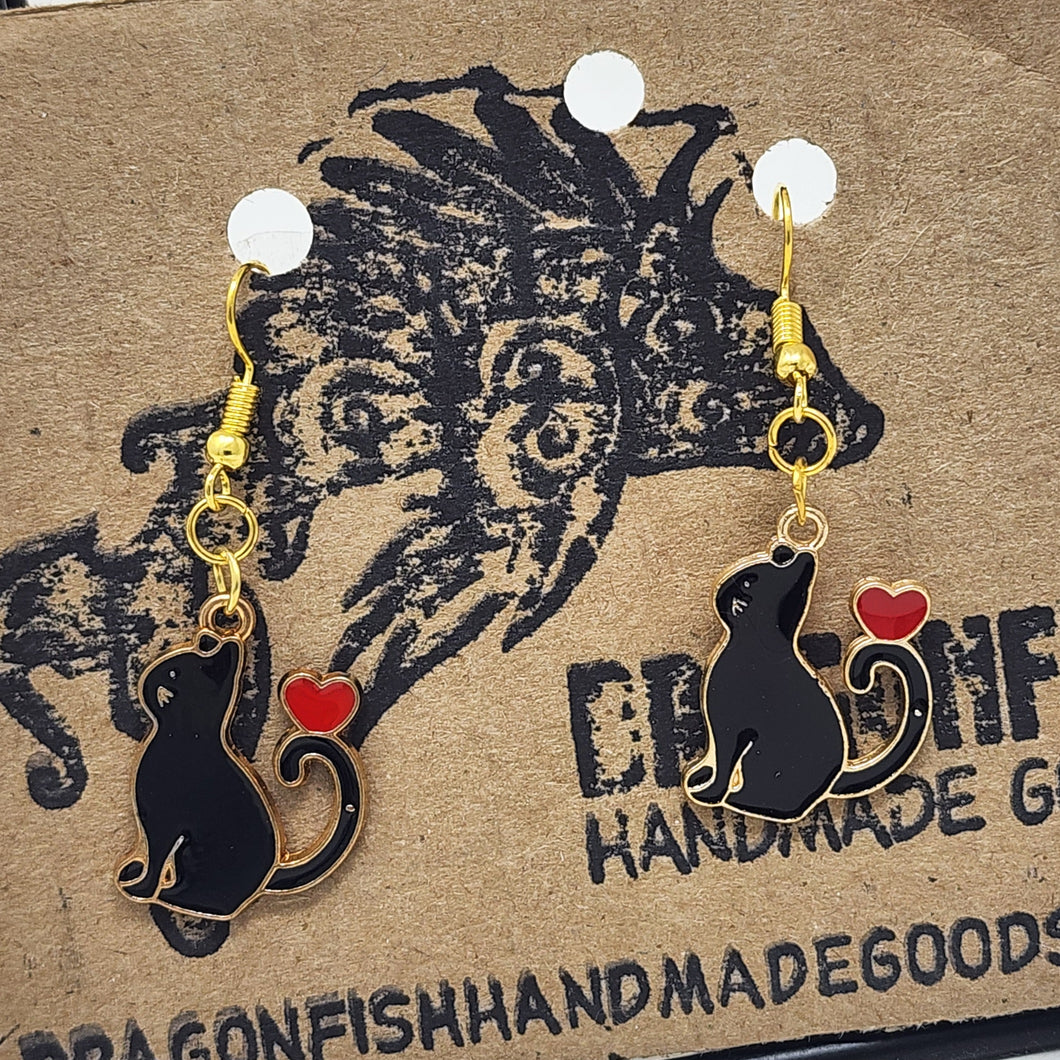 Black Cat with Hearts Earrings