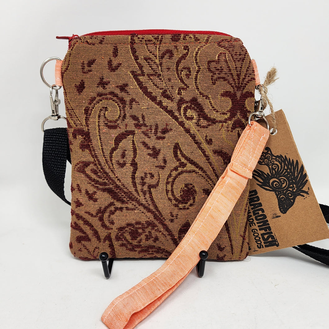 Remnant Gold and Red Brocade Crossbody 3-way 6x7 Upcycled Cell Phone Bag - hand-dyed