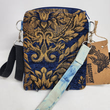 Load image into Gallery viewer, Remnant Blue, Gold &amp; Black Brocade Crossbody 3-way 6x7 Upcycled Cell Phone Bag - hand-dyed
