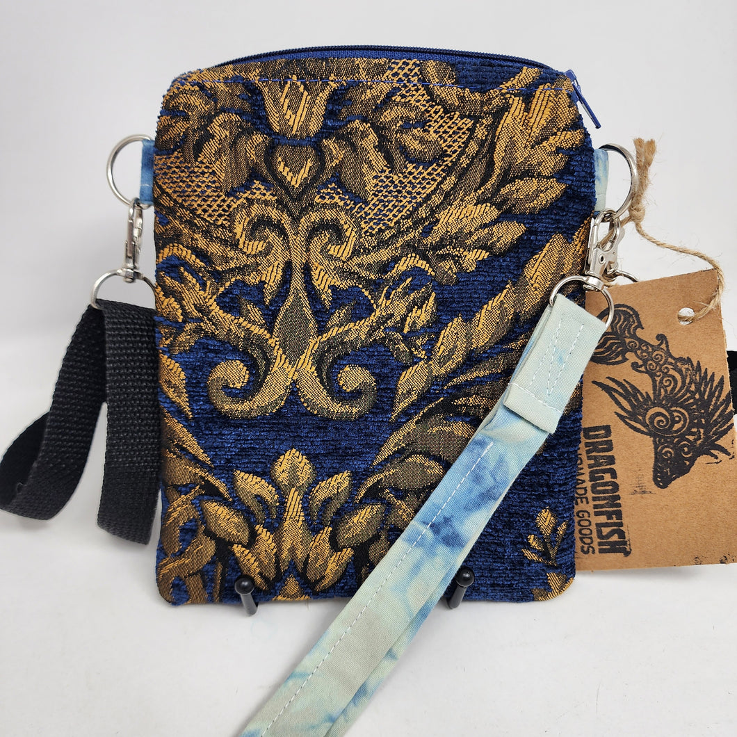 Remnant Blue, Gold & Black Brocade Crossbody 3-way 6x7 Upcycled Cell Phone Bag - hand-dyed