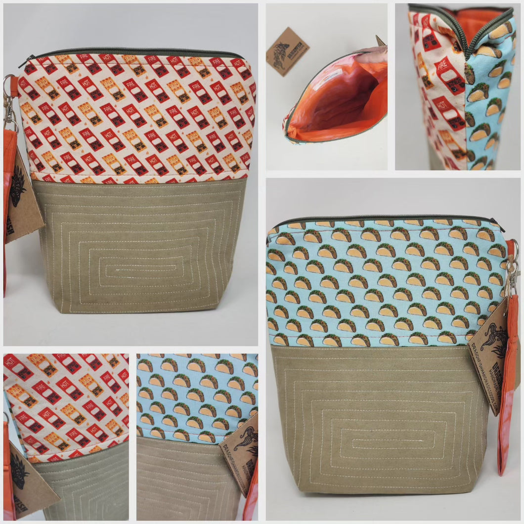 Freehand Machine Embriodered Khaki Cargo Shorts + Tacos & Taco Sauce 10x11 Upcycled Project Bag - hand-dyed
