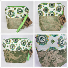 Load image into Gallery viewer, Freehand Machine Embroidered Brocade Tablecloth + Rainbow Psychedelic Cannabis 14.5x11, 10x11, 8x9 Upcycled Project Bags - hand-dyed
