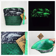 Load image into Gallery viewer, Freehand Machine Embroidered Luxurious Metallic Upholstery Fabric + Glow-in-the-dark Dinosaur Skeletons 14.5x11 Upcycled Project Bag
