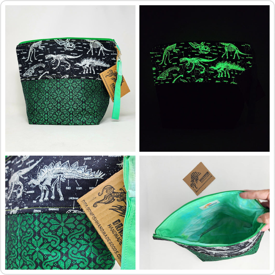 Freehand Machine Embroidered Luxurious Metallic Upholstery Fabric + Glow-in-the-dark Dinosaur Skeletons 14.5x11 Upcycled Project Bag