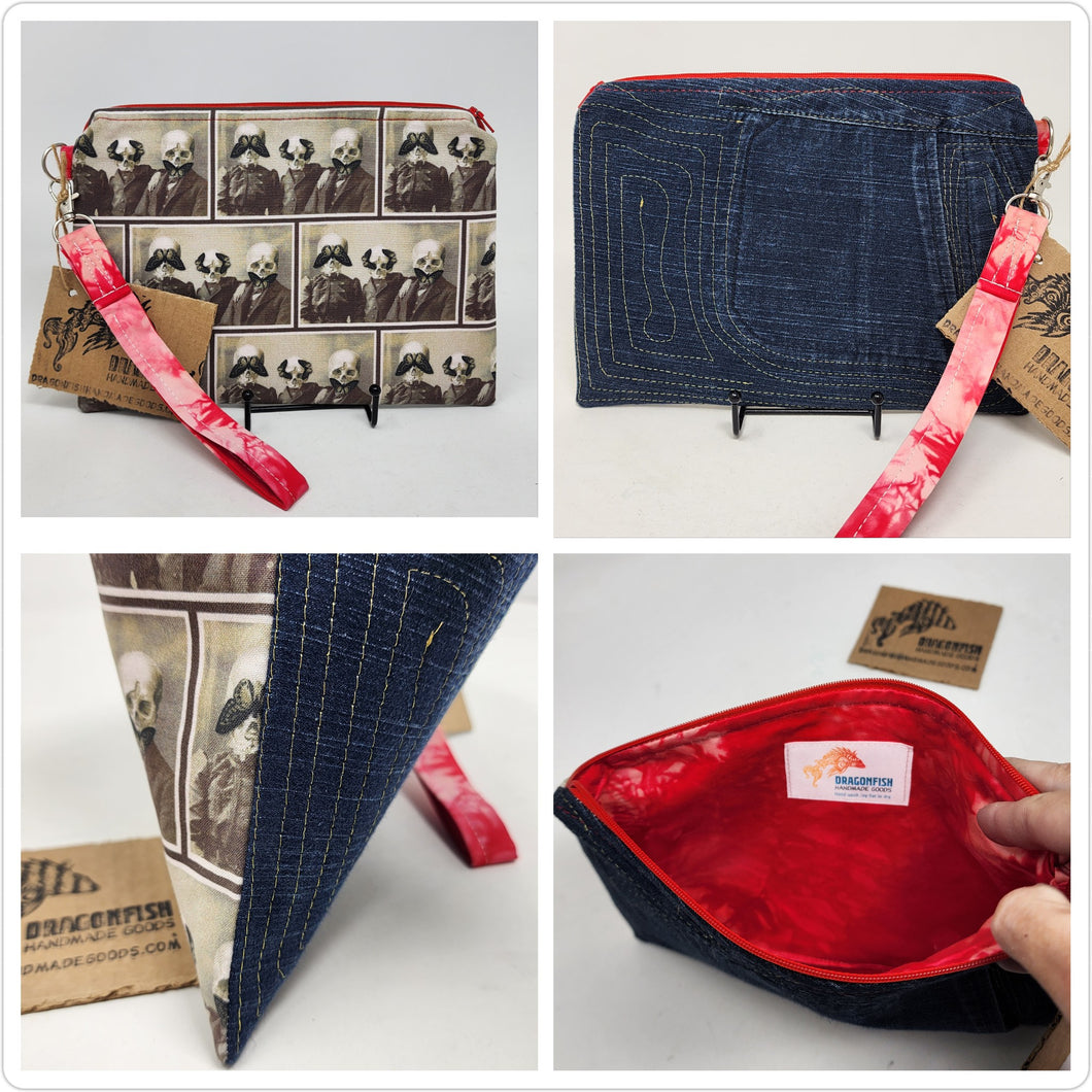 Gold Freehand Machine Embroidered Denim Jeans w/Pocket + Skeleton Family w/Moths Upcycled 10.5x8 Clutch bag - hand-dyed
