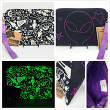 Load image into Gallery viewer, Freehand Machine Embroidered Black Dress Pants + GITD Aliens Upcycled 10.5x8 Clutch bag - hand-dyed
