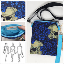 Load image into Gallery viewer, Remnant Brocade Skulls &amp; Roses Crossbody 3-way 6x7 Upcycled Cell Phone Bag - hand-dyed
