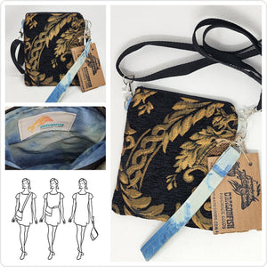 Remnant Black and Gold Brocade Crossbody 3-way 6x7 Upcycled Cell Phone Bag - hand-dyed