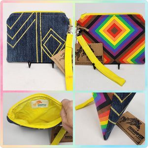 Freehand Machine Embroidered Denim + Rainbow 8x6.5 Notions Clutch - hand-dyed