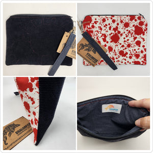 Freehand Machine Embroidered Black Corduroy Pants + Blood Splatter Upcycled 10.5x8 Clutch bag - hand-dyed