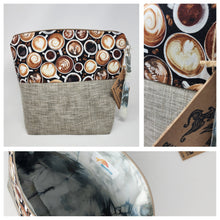 Load image into Gallery viewer, Machine Freehand Embroidered Upholstery Remnant + Coffee 14.5x11 Upcycled Project Bag - hand-dyed
