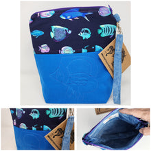 Load image into Gallery viewer, Machine Freehand Embroidered Brilliant Blue Denim Remnant + Tropical Fish 10x11 Upcycled Project Bag - hand-dyed
