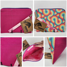 Load image into Gallery viewer, Freehand Machine Embroidered Hot Pink Denim Jeans + Rainbow Mid Mod Design Upcycled 10.5x8 Notions Clutch - hand-dyed
