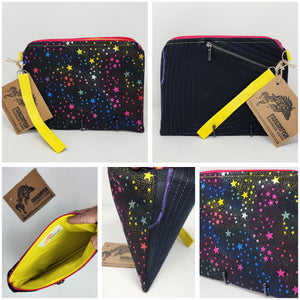 Freehand Machine Embroidered Dress Pants + Sparkly Rainbow Stars Upcycled 10.5x8 Notions Clutch - hand-dyed