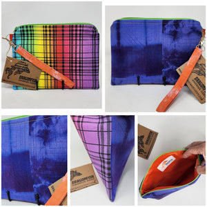 Freehand Machine Embroidered, Hand-Dyed Linen Remnant  + Rainbow Plaid Upcycled 10.5x8 Notions Clutch