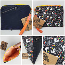 Load image into Gallery viewer, Freehand Machine Embroidered Dress Pants with Pocket + Bitch Please, I&#39;m a Unicorn! Upcycled 10.5x8 Notions Clutch - hand-dyed
