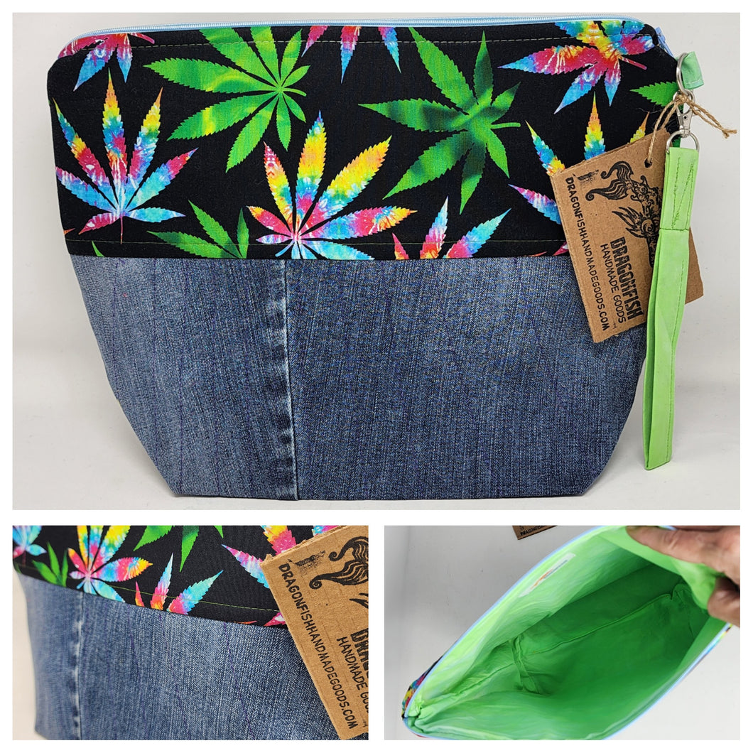 Freehand Machine Embriodered Denim Jeans + Rainbow Cannabis 14.5x11 Upcycled Project Bag