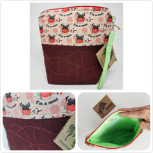 Load image into Gallery viewer, Machine Freehand Embroidered Red Taffeta Ikea Drape + &quot;I&#39;m a Mess&quot; Pug 10x11 Upcycled Project Bag - hand-dyed
