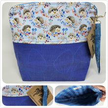 Load image into Gallery viewer, Freehand Machine Embriodered Remnant Blue Denim + Hedgehogs 14.5x11, 10x11 Upcycled Project Bags - hand-dyed
