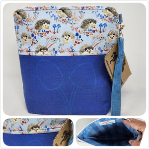 Freehand Machine Embriodered Remnant Blue Denim + Hedgehogs 14.5x11, 10x11 Upcycled Project Bags - hand-dyed