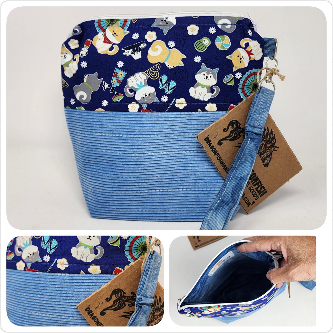 Freehand Machine Embriodered Vintage Courduroy + Shiba Inu & Japanese Culture 14.5x11, 10x11, 8x9 Upcycled Project Bags - hand-dyed