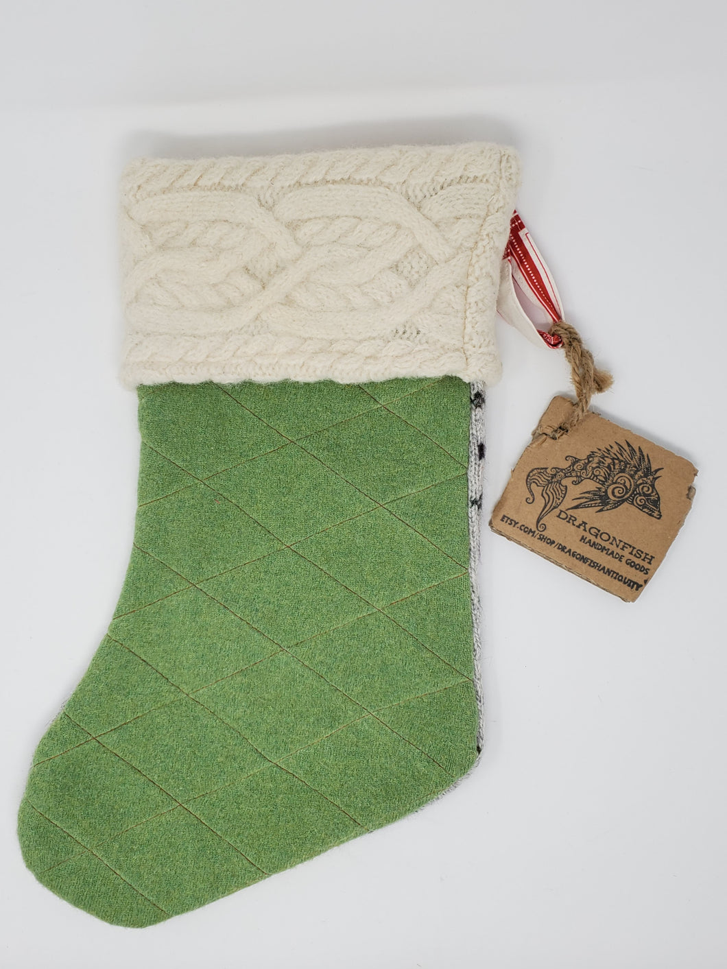 Sweater Fabric Holiday Stocking - Quilted Heirloom Green & Grey Flowers
