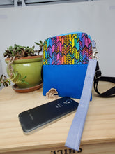 Load image into Gallery viewer, Rainbow PRIDE Feathers + Blue Remnant Denim Crossbody 3-way 6x7 Upcycled Cell Phone Bag
