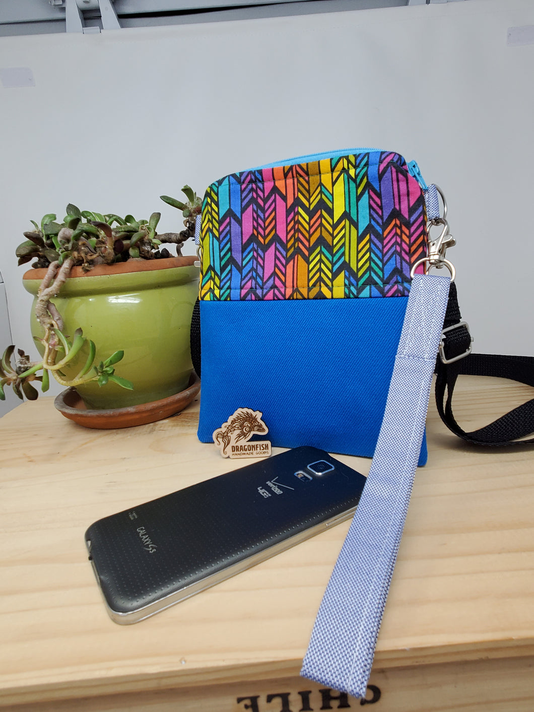 Rainbow PRIDE Feathers + Blue Remnant Denim Crossbody 3-way 6x7 Upcycled Cell Phone Bag
