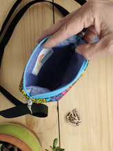 Load image into Gallery viewer, Rainbow PRIDE Feathers + Blue Remnant Denim Crossbody 3-way 6x7 Upcycled Cell Phone Bag
