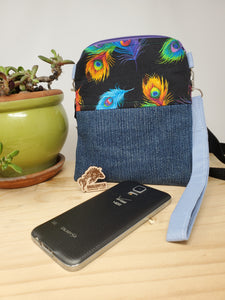 Rainbow Peacock Feathers + Denim Jeans Crossbody 3-way 6x7 Upcycled Cell Phone Bag